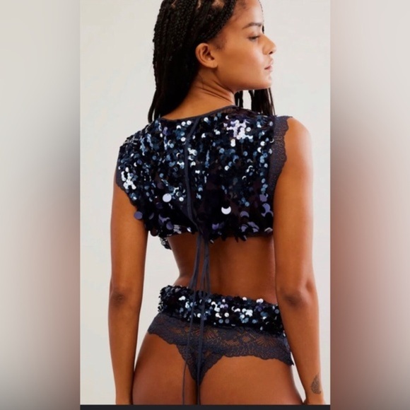Free People Tops - Free People intimately Main Character navy‎ blue sequin lace open back Bodysuit